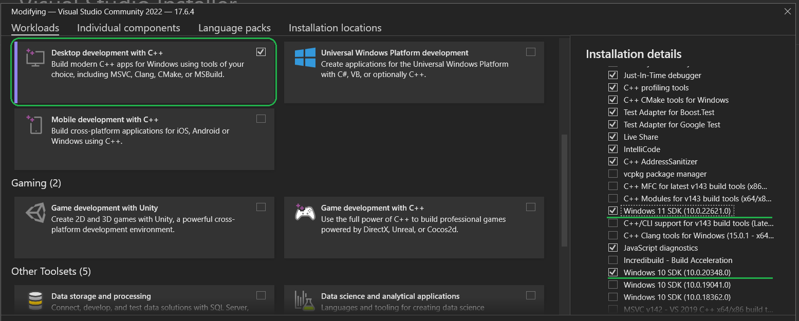 Picking Visual Studio components to install