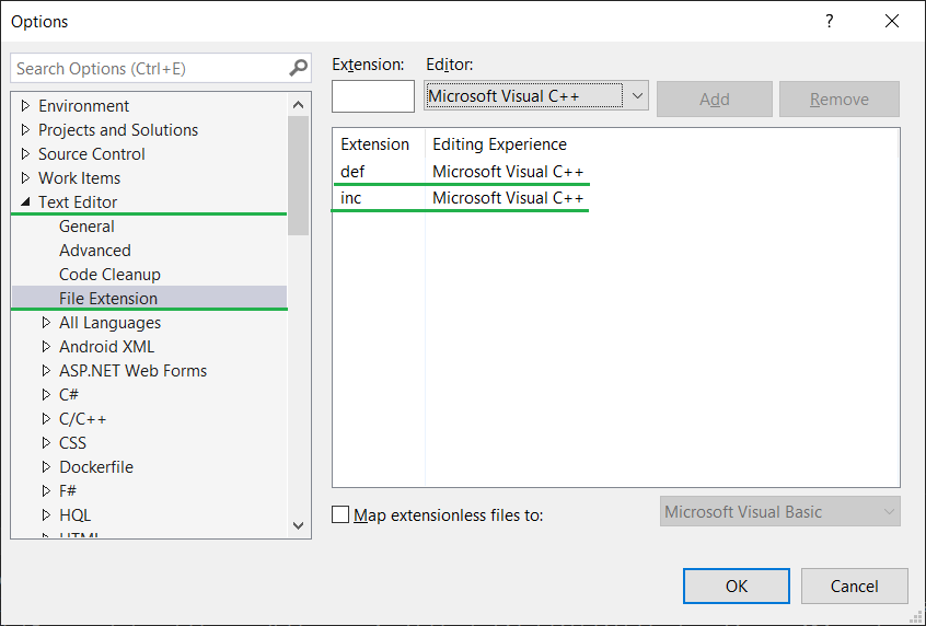 VS &gt; Text Editor &gt; File Extensions